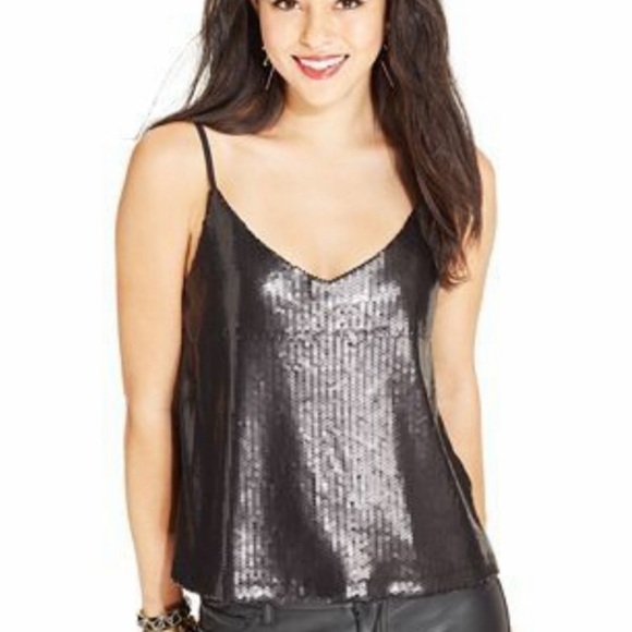Material Girl Sequin Camisole Cami Black Matte Small Y2K Stretch Tank Top Crop - Picture 1 of 9